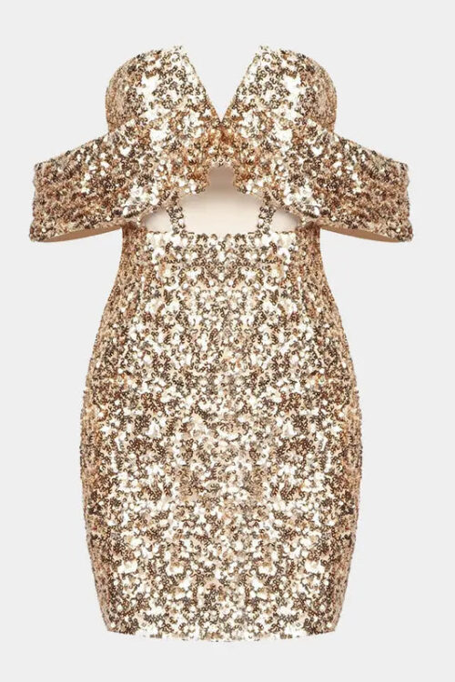 V Neck Sequined Off Shoulder Mini Dress